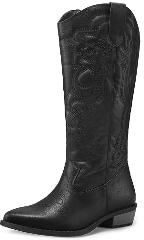 mysoft Women's Cowboy Boots Mid Calf Western Embroidered Pointed Toe Chunky Heel Pull On Cowgirl Boots Fit Medium Wide Width