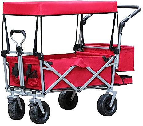 Chariot de camping pliable avec auvent amovible - Chariot de camping pliable avec frein et sac de queue pour la plage, tout-terrain, camion - Chariot pliable à main