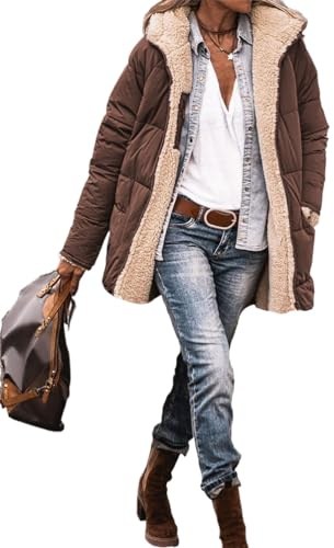 ORANDESIGNE Femme Manteaux Courte Chauds D'hiver Réversible Sherpa Polaire Longues Doudoune Vestes Bouffantes à Capuche Vêtements D'extérieur A Café XS