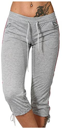 Baumwoll-Leinen-Hose für Damen, Caprihose mit Taschen, lockere Palazzo-Hose, elastische Taille, weites Bein, Kordelzug, leger, einfarbig, Trainingshose, #0, Grau, L