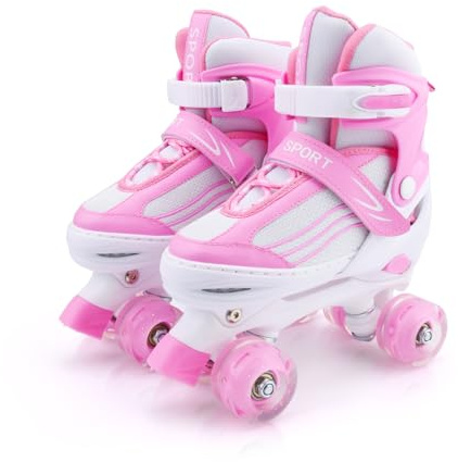 Patines de ruedas para niños ajustables con ruedas luminosas, divertidos y luminosos para niños y niñas, blanco y rosa, S, (28-32 EU)