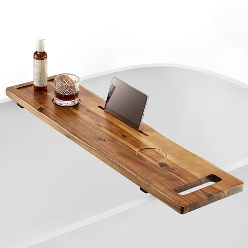 TINAMO 39 L Acacia Wood Bathtub Tray with Adjustable Width & Phone Slots