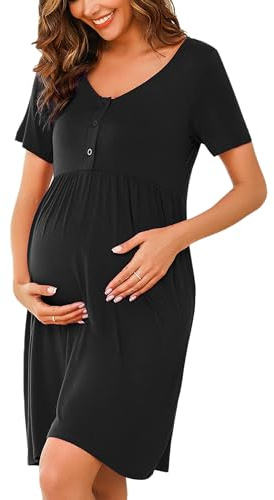 Bresdk Chemise de Nuit de Maternité à Boutons pour Femmes Vêtements de Nuit à Manches Courtes Hôpital d'allaitement, Bouton - Noir, L