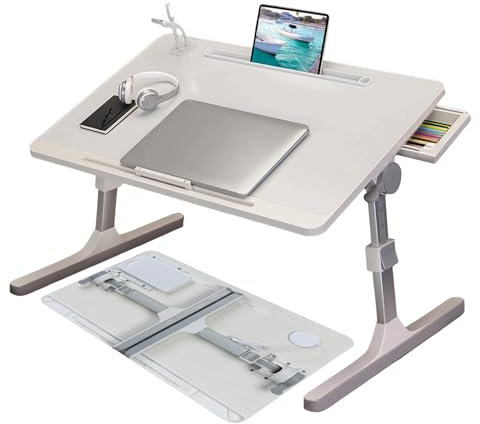 HshDUti Folding Lap Desk - Bed Table with Laptop Stand, Tablet Slot, Height & Angle Adjustable, USB Charge Port, Light & Fan - White