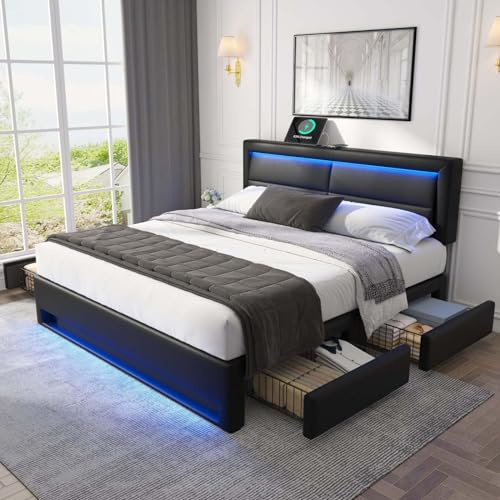 KOMHTOM Lit Rembourré avec Chargement sans Fil USB, Lit Coffre avec éclairage LED et 4 Tiroirs de Rangement, Sommier à Lattes, pour Adolescents, PU(sans Matelas) (Noir, 140x190cm)