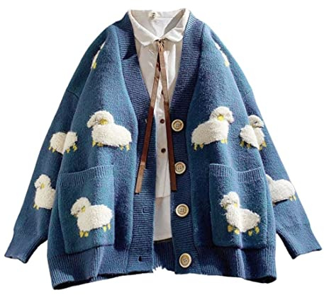 FindThy Women’s Kawaii Knitted Cardigan Long Sleeve Button Up Sheep Print Cute Sweater Cardigans, Blue, One size