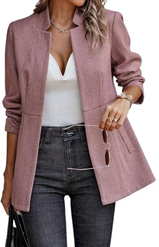 FM2018XSL Giacca da Ufficio a Maniche Lunghe da Donna Casual Blazer da Donna con Tasche Elegante Cappotto con Colletto Ritagliato(M=Taglia L,Rosso)