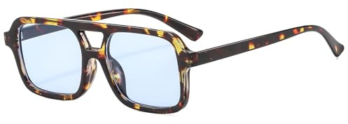 Long Keeper Gafas de Sol Cuadradas de Piloto de los años 70 para Mujeres y Hombres, Gafas de Sol Rectangulares Retro, Gafas Doble Puente Pequeñas de Vintage (Azul Leopardo)