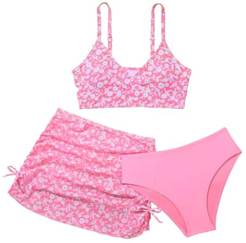 Happy Cherry Costume da Bagno Bambina Mare Estate Set di Bikini Ragazze 3 Pezzi Top Corto Imbottito + Slip + Gonna Stampati Floreali Costumi Spiaggia Piscina Nuoto Rosa 14 Anni