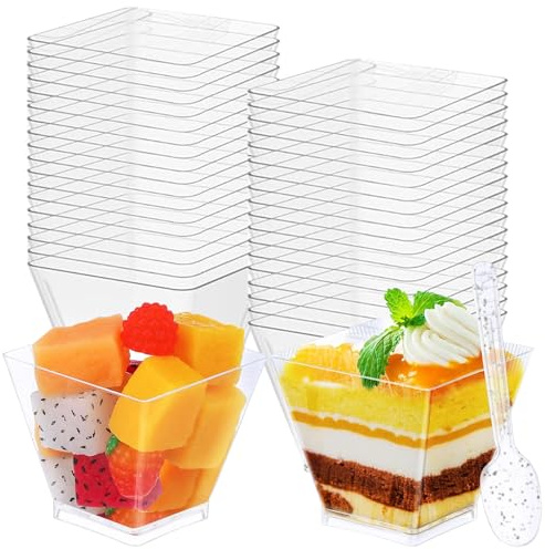 deegbbyi 50 Pezzi Tazze Quadrate Trasparenti da Dessert, Riutilizzabili 60 ml Mini Tazze Quadrate Bicchieri da Dessert con 1 Cucchiaini, per Budino Cioccolato, Feste, Ringraziamento, Natale