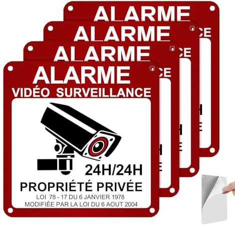 Quuylin 4 Pièces Panneau Camera Surveillance, 15x15cm Aluminium Vidéo Surveillance Panneau Propriété Privée, Autocollant Vidéo Surveillance avec Autocollant et Trous Pré-percés