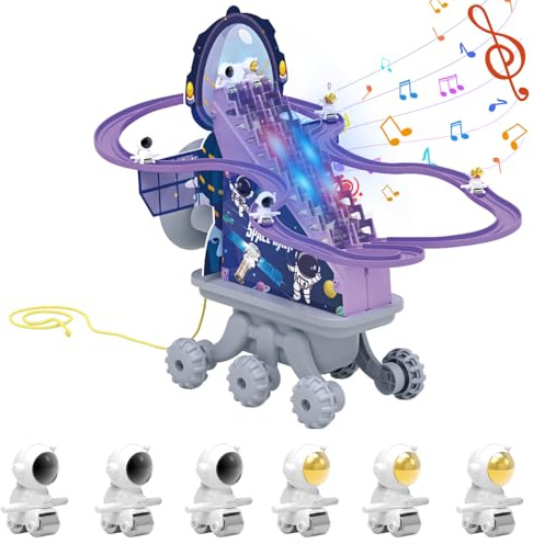 OBEST Electric Go Racer Track Slider Toys for Toddlers and Kids 3 4 5 6 Year, Climbing Stairs Toys Playful Roller Coaster Playset, Space-themed Track Slider with Music and Lights, Astronauts