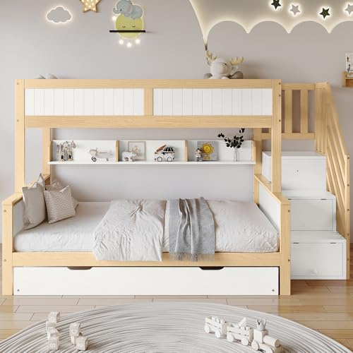 Våningssäng 90 x 200 och 120 x 200 cm med rullsäng på 90 x 190 cm, loftsäng med galler, garderob, öppen hylla, förvaringstrappa med lådor, av furu och MDF, naturvit, perfekt för små familjer