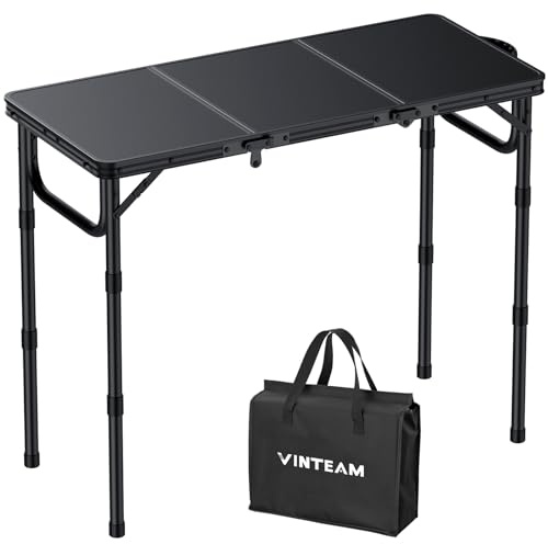 VINTEAM Tavolo da Campeggio 3 Pieghevole 87x40cm Tavolino da Giardino in Alluminio con 3 Altezze Regolabili (26/48/70 cm) Tavolo da Picnic Regolabile Piano in MDF per Giardino/Picnic/Spiaggi/BBQ -Nero