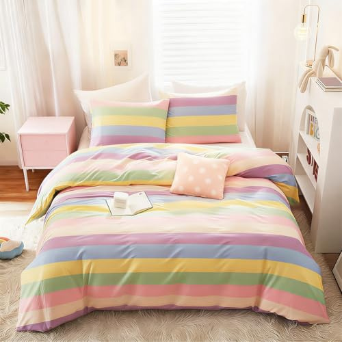 Umllpet Biancheria da letto colorata 135 x 200 cm, in cotone per ragazze, motivo a righe arcobaleno, biancheria da letto double-face, con chiusura lampo e federa 80 x 80 cm