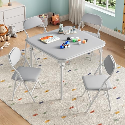Aptliton Foldable Children's Table & Chair Set, Grey, 5Pcs | Upholstered Square Card Table & Soft PU Chairs for Toddlers, Portable Activity Furniture for Home, Daycare, Playroom
