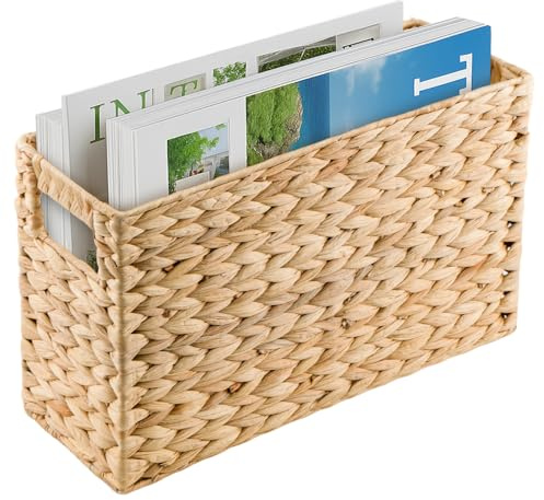 Magazine Rack Hand-Woven Water Hyacinth Basket – Narrow Wicker Storage Basket for Magazines, Files & Books, Natural Organizer Bin for Living Room, Home Office & Desk