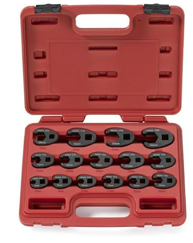 NEIKO 03324A - Juego de llaves de pata de gallo de 1/2 pulgada y 3/8 pulgadas, 15 piezas, llaves métricas de pie de cuervo de 8 mm a 24 mm, juego de llaves de tuerca acampanada cromada Moly