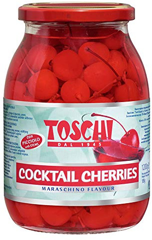 Lucgel Cerises rouges avec tige confites au sirop pour cocktail Toschi - 1,2 kg -