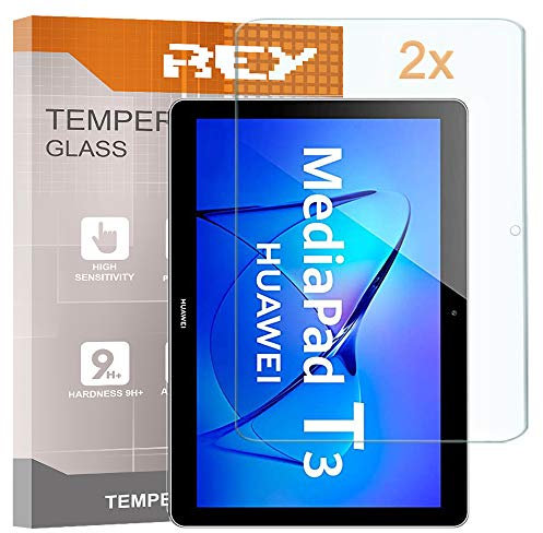 REY 2X Protector de Pantalla para Huawei MEDIAPAD T3 10 9,6, Cristal Vidrio Templado Premium, Táblet