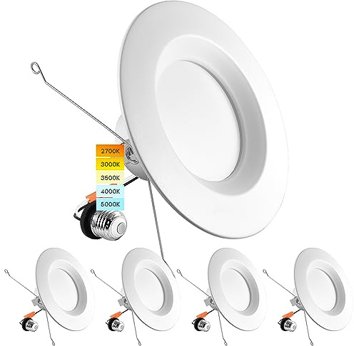 LUXRITE 5/6 Inch LED Recessed Retrofit Downlight, 14W=90W, CCT Color Selectable 2700K | 3000K | 3500K | 4000K | 5000K, Dimmable Can Light, 1100 Lumens, Wet Rated, Energy Star, Smooth Trim (4 Pack)