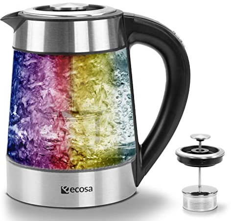 Hervidor de agua de cristal con colador de té y filtro de cal, 1,7 litros, ajuste de temperatura de 40 °C a 100 °C, 2200 W, acero inoxidable con selección de temperatura, 100% libre de BPA, función de