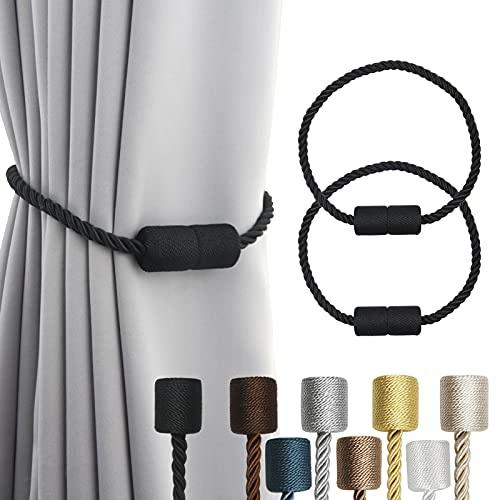 Porlau 2 Pack Black Strong Magnetic Curtain Tiebacks Outdoor Elegant Decorative Tie Backs Modern Rope Tiebacks for Drapes Window Curtain Holdbacks for Draperies