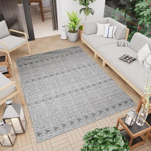 TAPISO Capri Teppich Outdoor Grau Ethno Flachgewebe Sisaloptik Balkon Terrasse Küche Indoor Wetterfest Wasserdurchlässig UV-Beständig 160 x 230 cm