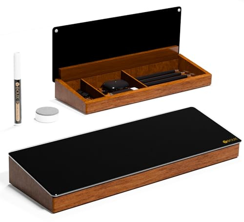 Desktop Black Glass Dry Erase Board with Wood Organizers for Small Office Supplies, Desk Whiteboard with Drawer for Home Office Cubicle, Accessories Included, Yeoux