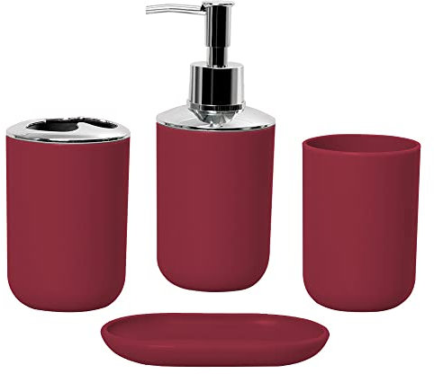 Hosoncovy Set di 4 accessori da bagno con dispenser per sapone, tazza da bagno, portasapone, spazzolino da denti e dentifricio (rosso)