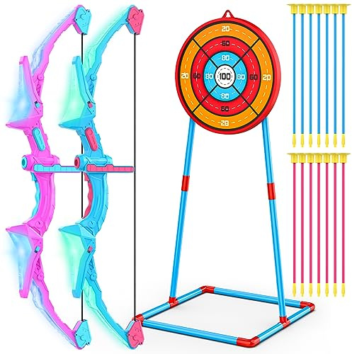 Polkoliye 2 Pack of Kids Bow & Arrow Set, Light Up Archery Toy Set with 14 Suction Cup Arrows Standing Target, Perfect Indoor Outdoor Toys Birthday Gifts Ideas for Boys Girls, Medium