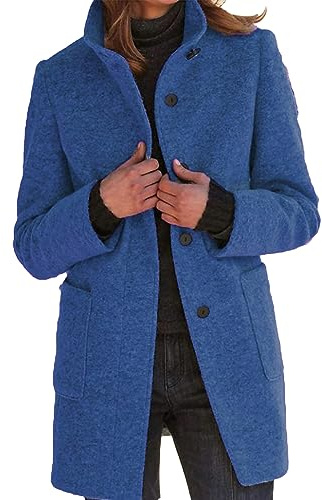 xxxiticat Cappotto da donna in misto lana monopetto caldo colletto alto lungo giacche blazer trench con tasche S-3XL, Blu, 3XL