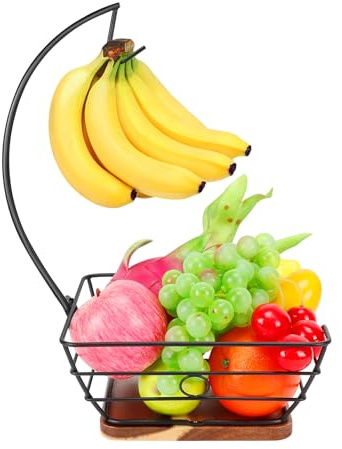 Livabber Countertop Fruit Basket Bowl with Banana Hanger, Modern Standing Fruit Vegetable Bowl Storage, with Banana Tree Holder for Kitchen Dinning Table (Square Wood, Black)
