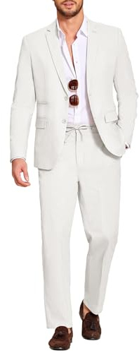 Coofandy Men's 2 Piece Linen Suits Set Regular Fit Casual Lightweight Blazer Jacket and Pants, White, XL