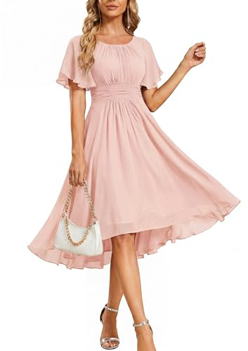 Ever-Pretty Robe d'Invité de Mariage Femme Longueur Manches Volantées Plissé Mousseline Au Genou Col Rond Robe de Soirée Élégante Rose 42