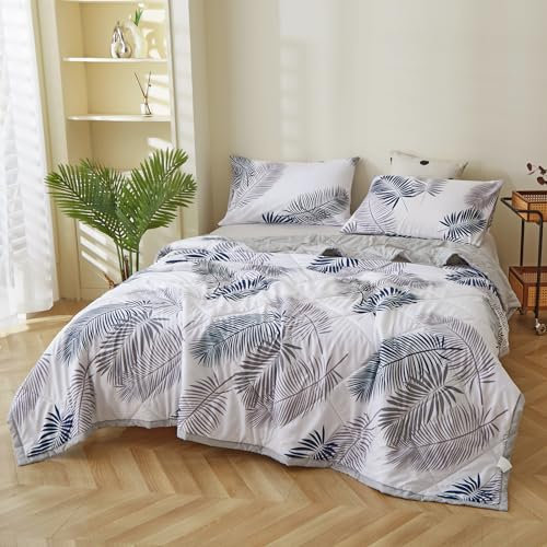 Couette D'été Édredon, Douce et Respirante réversible Couverture en Microfibre- Courtepointe Légère Et Respirante Couvre Lit 2 Personnes Matelassé Lavable en Machine (Feuilles D'été, 180*200CM)