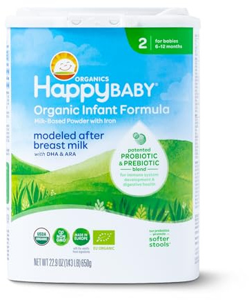 Happy Baby Organics Stage 2 Infant Formula, 6 12 Months, Milk Based Organic Baby Formula Powder with Iron, Probiotics & Prebiotics for Immune & Digestive Support, 22.9 Ounce (Pack of 1)