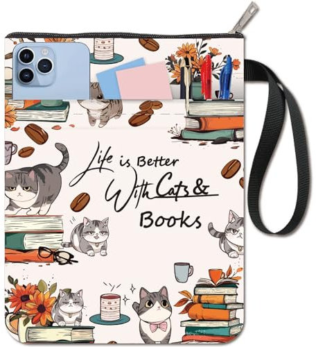 craspire Katze Buchhülle Blume Buchhüllen Buchschutz für Taschenbücher waschbar Stoff Buchhülle mit Reißverschluss und extra Tasche für Buchliebhaber Mitschüler Geschenke