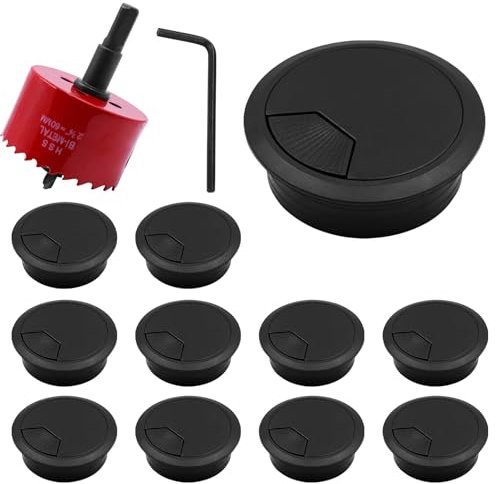 11 Pcs Desk Grommet, 60mm Desk Cable Hole Cover with 60mm Hole Saw, Black Plastic Cable Grommet, Round Desk Hole Cover for Wire Organizer, Home and Office Table Cable Cord Management
