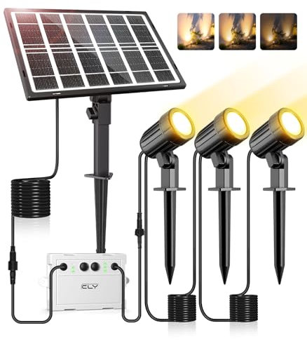 CLY Faretti Solari a LED da Esterno, Bianco Caldo Faretto Solare da Giardino 2 Modalità Dinamiche Luci Solari da Giardino 3 Luminosità 5000mAh Memoria Luce Solare LED Esterno Impermeabili IP66 3 in 1