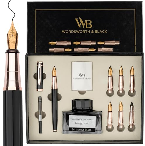 Wordsworth & Black Set regalo di penne per calligrafia, include flacone di inchiostro, 6 cartucce di inchiostro, un convertitore di ricarica, 6 pennini di ricambio, journaling, [Oro rosa nero]