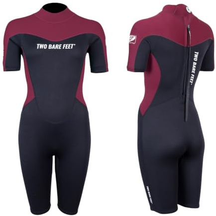 Two Bare Feet Womens Shorty Wetsuit 3/2mm Superstrech Neoprene Summer Ladies Surf Suit, Back Zip – Surfing, Paddleboarding, Open Water & Wild Swimming (XL, Black/Burgundy)