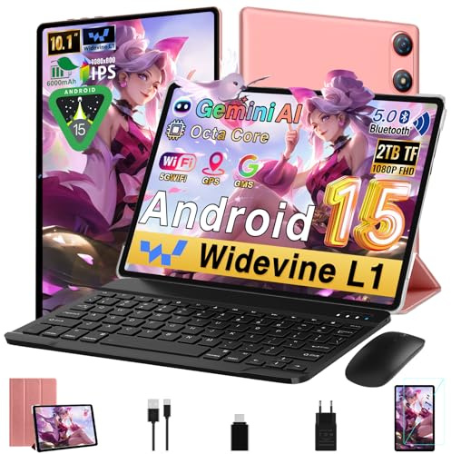 Tablet Android 15 10 Pulgadas Gemini AI 64GB ROM + 2TB TF, Octa-Core 2.0Ghz, 1280*800 FHD IPS, Standby Extra Largo, 5G WiFi, Widevine L1, 5MP+8MP, Face ID, GMS, Tablet + Funda + Teclado y Ratón, Rose