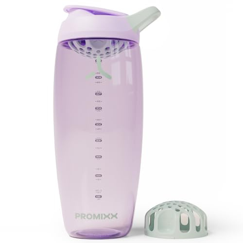 Promixx Pursuit Batidora Proteínas – 950ml Mezclador Silencioso Snap-Fit para Batidos Sin Grumos – Hermético Sin BPA Ecozen con Marcas Medición Fitness – Lila