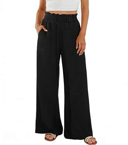 Neteson Pantalones Lino Mujer Verano Ligero Pantalon Palazzo Ancho Elástica | Cintura Alta Casual Pantalones Playa con Bolsillos