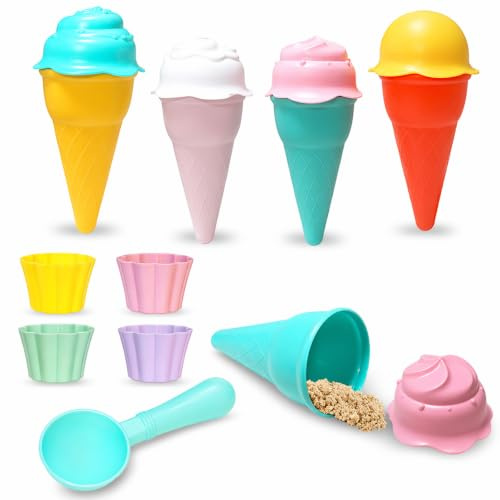 9 Pcs Beach Sand Mould Set, Sand Casting Tools with Ice Cream Style Shapes, Scoop and Cups, Plastic Sand Art Kit for Outdoor Beach Activities and Backyard Recreation