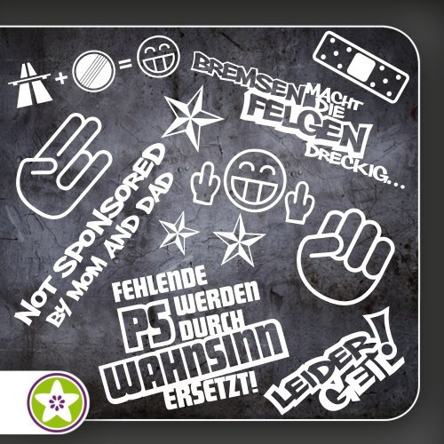 Kiwistar Sticker Bomb Set 1 weiß - Bogen: A4 Bremsen…Felgen…, Shockerhand, Autobahnfreak, Fehlende PS…, Leider Geil. Auswahl Sammlung Aufkleber Scheibe Tuning Decal