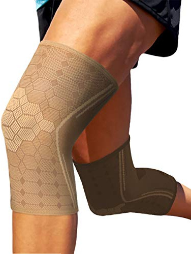 Sparthos Knee Compression Sleeves by (Pair) – Support for Sports, Running, Joint Pain Relief – Knee Brace for Men and Women - Walking Cycling Tennis Workout - Check Size Chart (Beige-S, 7-8½″ Thigh)