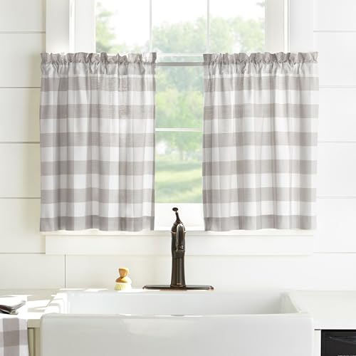 Elrene Buffalo - Juego de estantes de Cocina para Ventana, 100% algodón, Gris/Blanco, 76,2 x 91,4 cm, Juego de 2
