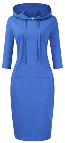Clearlove Blue Hooded Dress with Pocket Knee Length Blue Dresses for Women,3/4 Sleeve Pocket Slim Pullover Hoodie Dress for Women(Blue M)